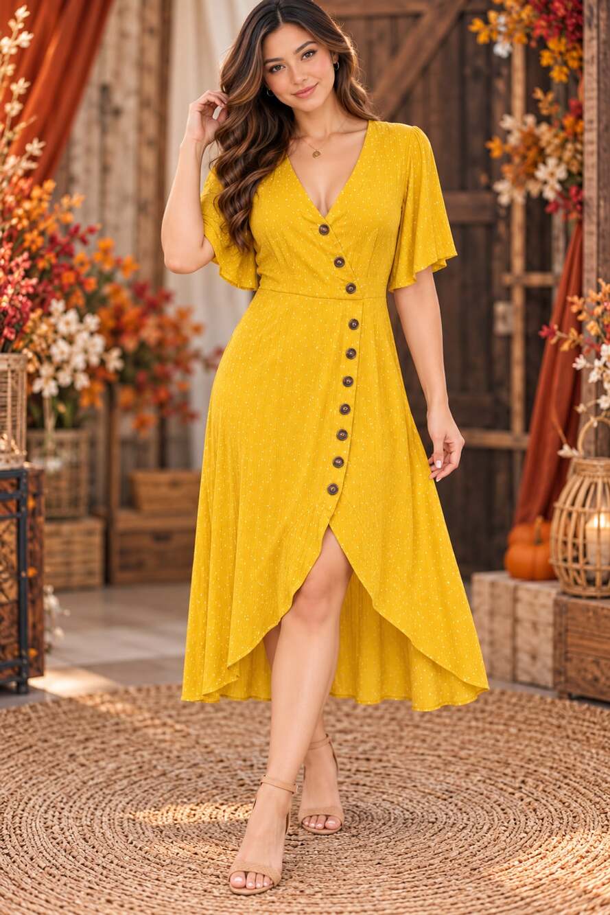 Altar'd State Yellow Polka Dot Midi Dress
